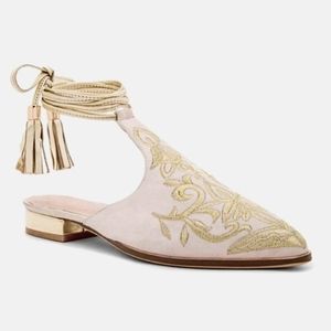 RAYE Kate White Swan Embroidered Gold Tassle Wrap Ankle Pointy Mule Shoe